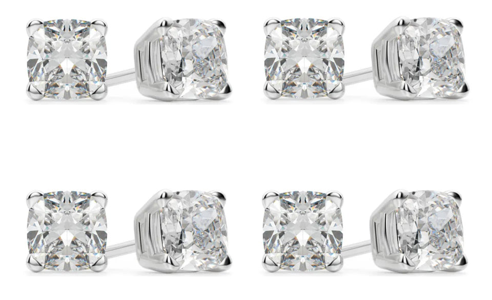14k White Gold 3Ct Cushion Cut White Sapphire Set Of Four Stud Earrings Plated