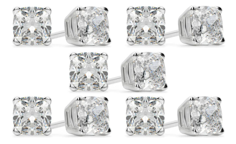 14k White Gold 4mm 1/2Ct Cushion Cut White Sapphire Set Of Five Stud Earrings Plated