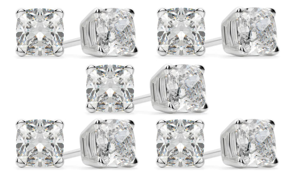 14k White Gold 2Ct Cushion Cut White Sapphire Set Of Five Stud Earrings Plated