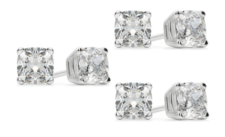 18k White Gold 6mm 3Ct Cushion Cut White Sapphire Set Of Three Stud Earrings Plated