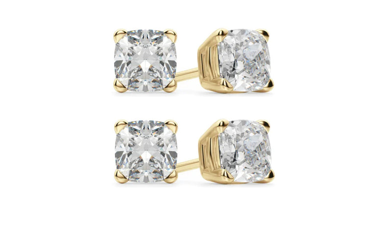 14k Yellow Gold 3Ct Cushion Cut White Sapphire Set Of Two Stud Earrings Plated