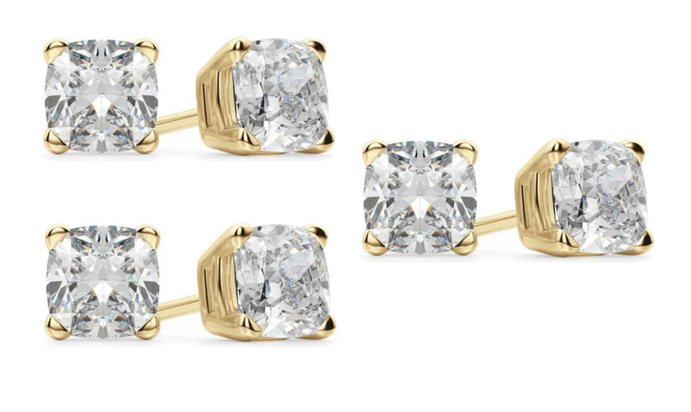 14k Yellow Gold 4mm 2Ct Cushion Cut White Sapphire Set Of Three Stud Earrings Plated