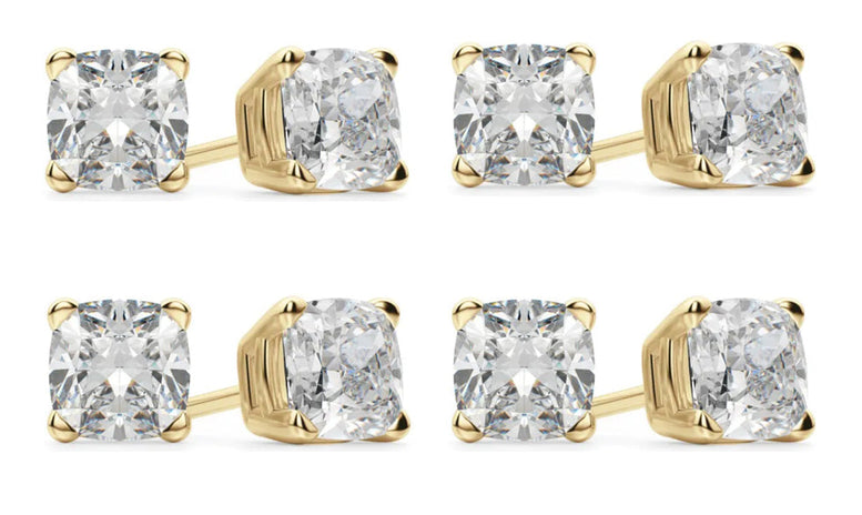 14k Yellow Gold 2Ct Cushion Cut White Sapphire Set Of Four Stud Earrings Plated