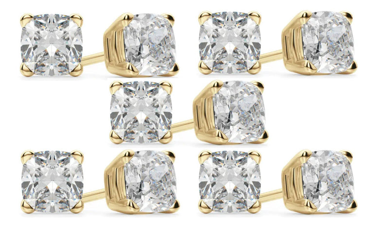 14k Yellow Gold 3Ct Cushion Cut White Sapphire Set Of Five Stud Earrings Plated