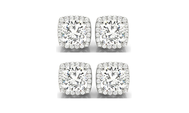 14k White Gold 2Ct Cushion Cut White Sapphire Set Of Two Halo Stud Earrings Plated