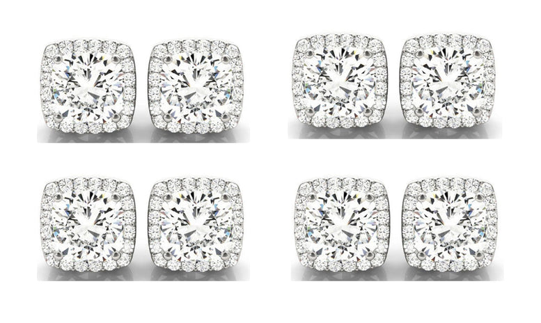 14k White Gold 4Ct Cushion Cut White Sapphire Set Of Four Halo Stud Earrings Plated