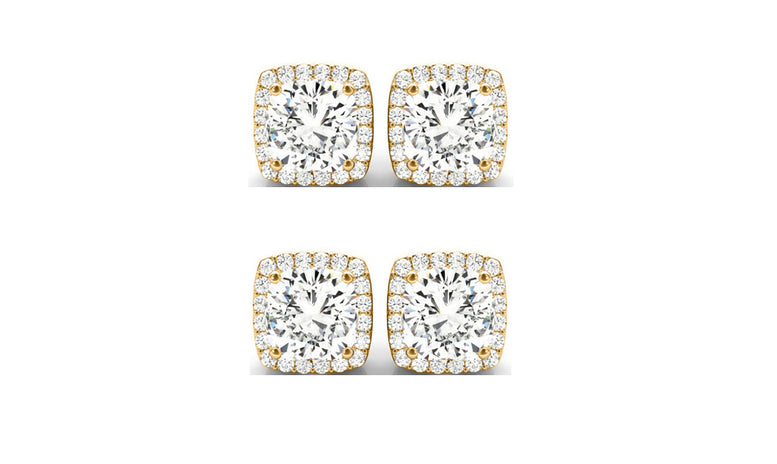 14k Yellow Gold 4Ct Cushion Cut White Sapphire Set Of Two Halo Stud Earrings Plated
