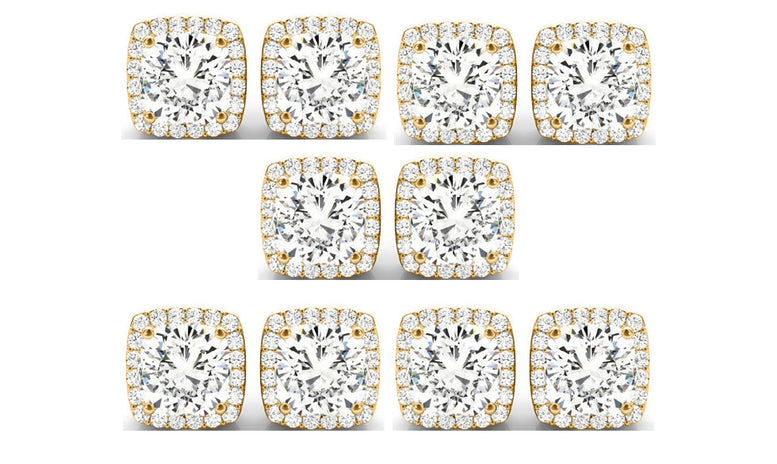 18k Yellow Gold 4Ct Cushion Cut White Sapphire Set Of Five Halo Stud Earrings Plated