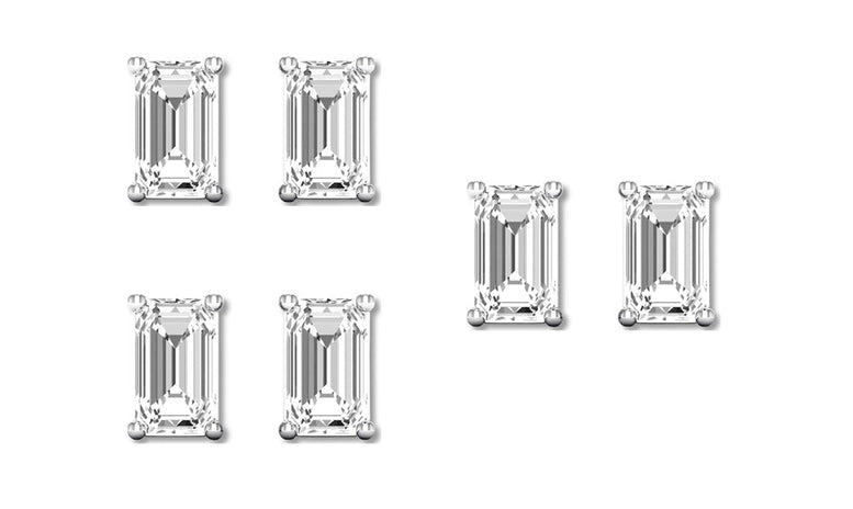 14k White Gold 4mm 2Ct Emerald Cut White Sapphire Set Of Three Stud Earrings Plated