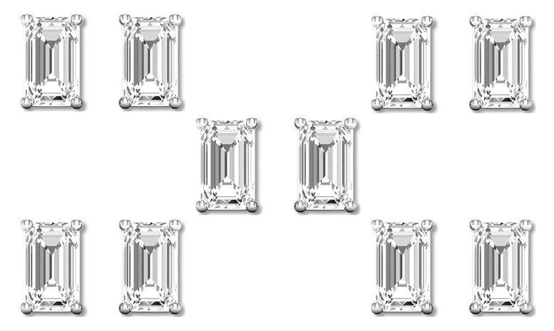 14k White Gold 6mm 4Ct Emerald Cut White Sapphire Set Of Five Stud Earrings Plated