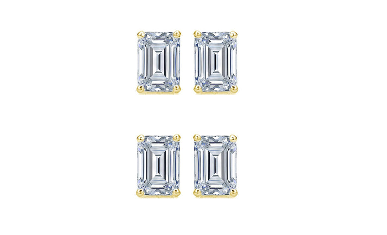 Paris jewelry 14k Yellow Gold 4mm 4Ct Emerald Cut White Sapphire Set Of Two Stud Earrings Plated
