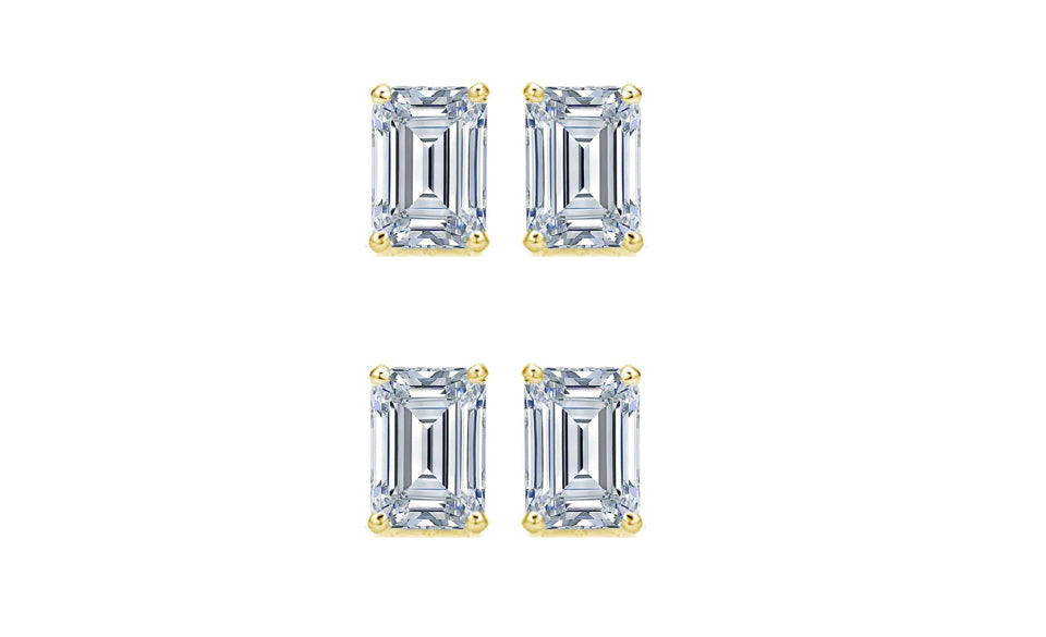 Paris jewelry 14k Yellow Gold 6mm 1Ct Emerald Cut White Sapphire Set Of Two Stud Earrings Plated