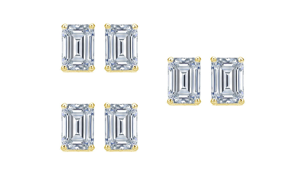 Paris jewelry 14k Yellow Gold 4mm 1/2Ct Emerald Cut White Sapphire Set Of Three Stud Earrings Plated