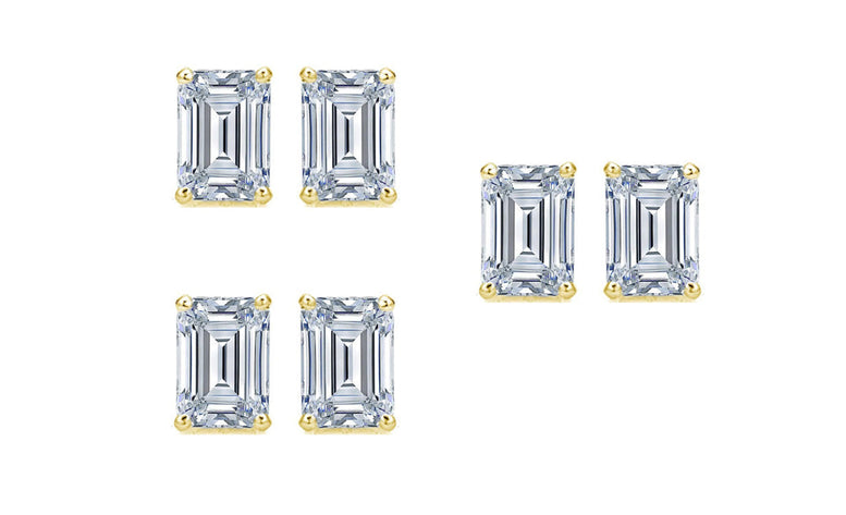 14k Yellow Gold 2Ct Emerald Cut White Sapphire Set Of Three Stud Earrings Plated