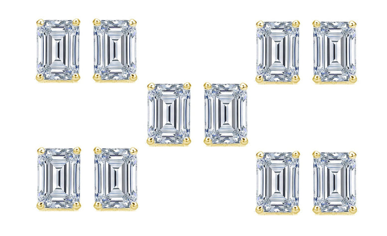 Paris jewelry 14k Yellow Gold 6mm 1Ct Emerald Cut White Sapphire Set Of Five Stud Earrings Plated