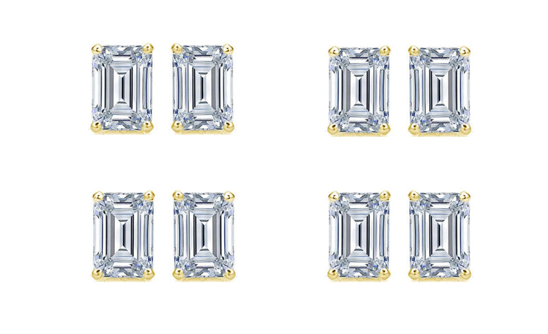 18k Yellow Gold 4mm 4Ct Emerald Cut White Sapphire Set Of Four Stud Earrings Plated