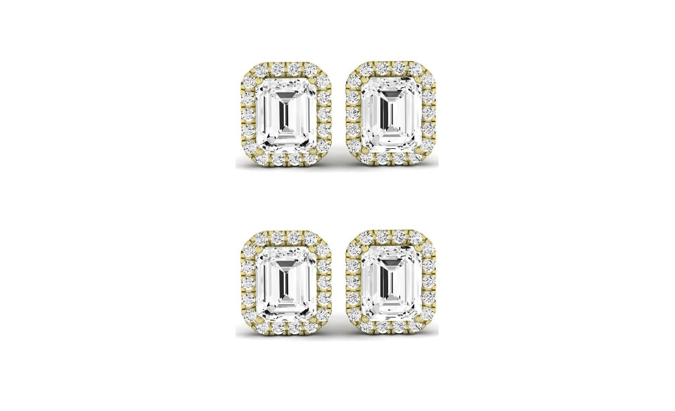 Paris jewelry 14k Yellow Gold 2Ct Emerald Cut White Sapphire Set Of Two Halo Stud Earrings Plated
