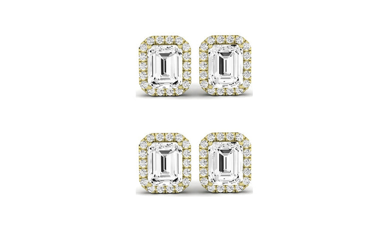Paris jewelry 14k Yellow Gold 3Ct Emerald Cut White Sapphire Set Of Two Halo Stud Earrings Plated