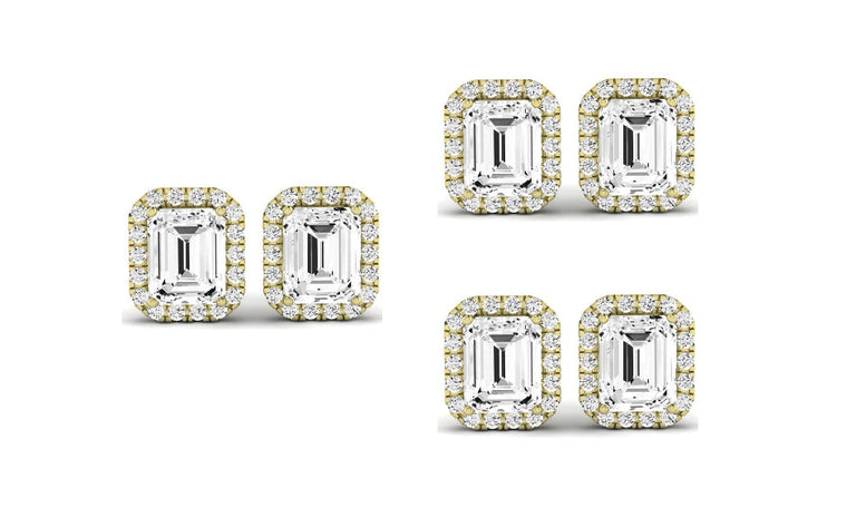 Paris jewelry 14k Yellow Gold 2Ct Emerald Cut White Sapphire Set Of Three Halo Stud Earrings Plated
