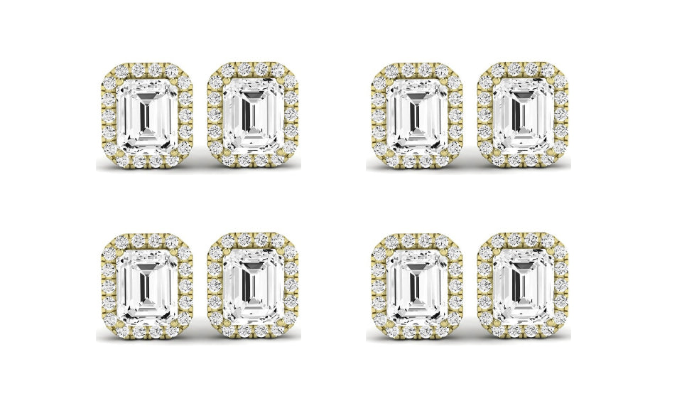 Paris jewelry 14k Yellow Gold 2Ct Emerald Cut White Sapphire Set Of Four Halo Stud Earrings Plated