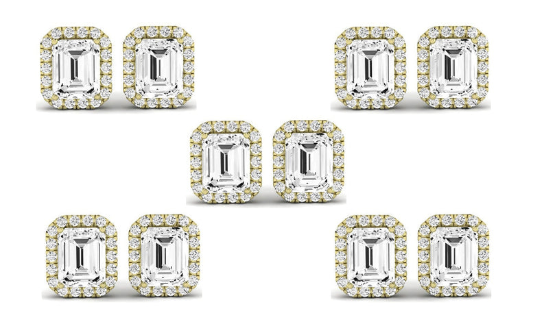 Paris jewelry 14k Yellow Gold 3Ct Emerald Cut White Sapphire Set Of Five Halo Stud Earrings Plated