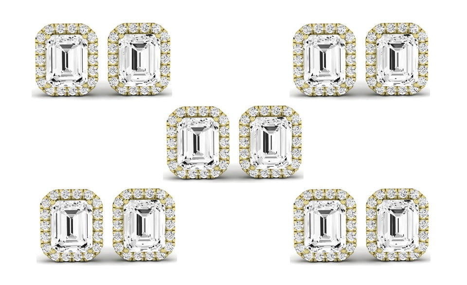 Paris jewelry 18k Yellow Gold 3Ct Emerald Cut White Sapphire Set Of Five Halo Stud Earrings Plated