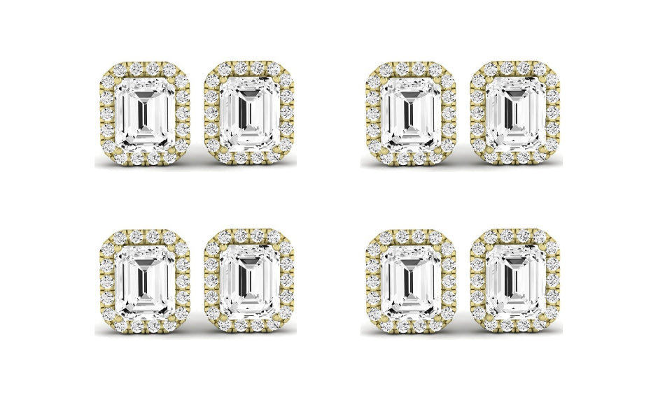 Paris jewelry 18k Yellow Gold 1/2Ct Emerald Cut White Sapphire Set Of Four Halo Stud Earrings Plated