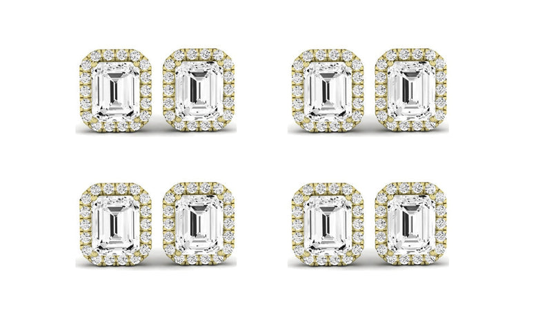 Paris jewelry 18k Yellow Gold 1/2Ct Emerald Cut White Sapphire Set Of Four Halo Stud Earrings Plated