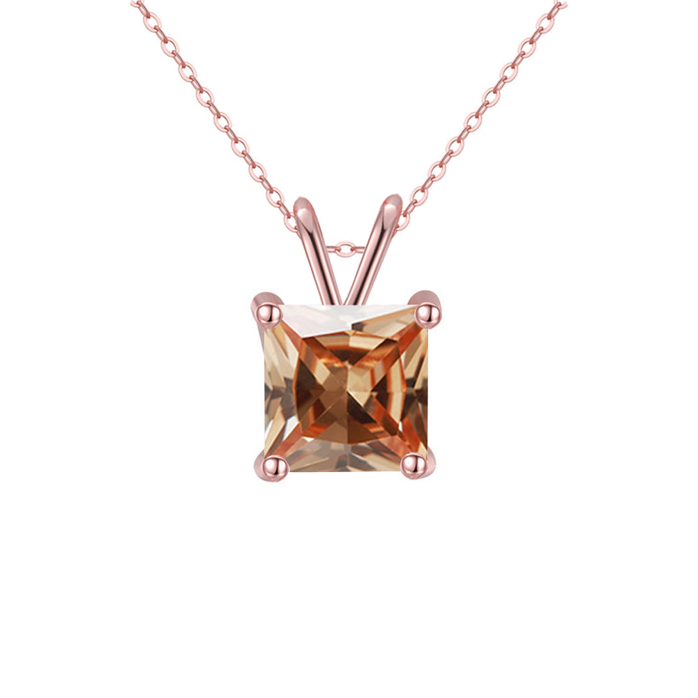 18K Rose Gold 2 Carat Created Citrine Princess Stud Necklace Plated 18 inch