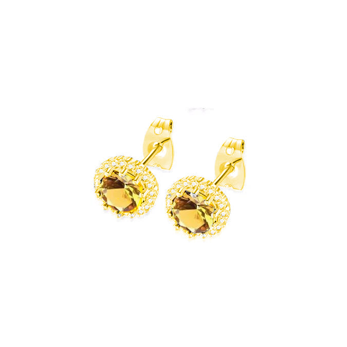 18k Yellow Gold Plated 1/4 Carat Created Halo Round Citrine Stud Earrings 4mm