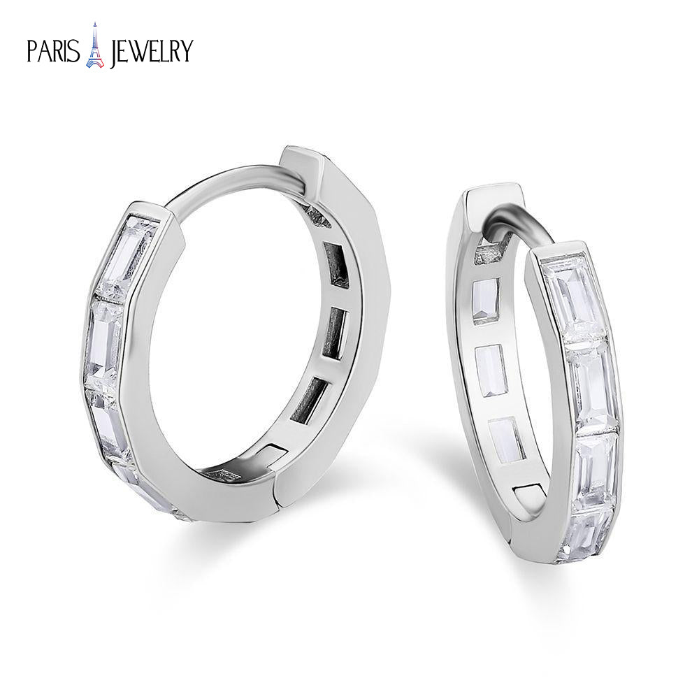 Paris Jewelry 18K White Gold Created White Sapphire 3Ct Emerald Cut Huggie Hoop Earrings Plated