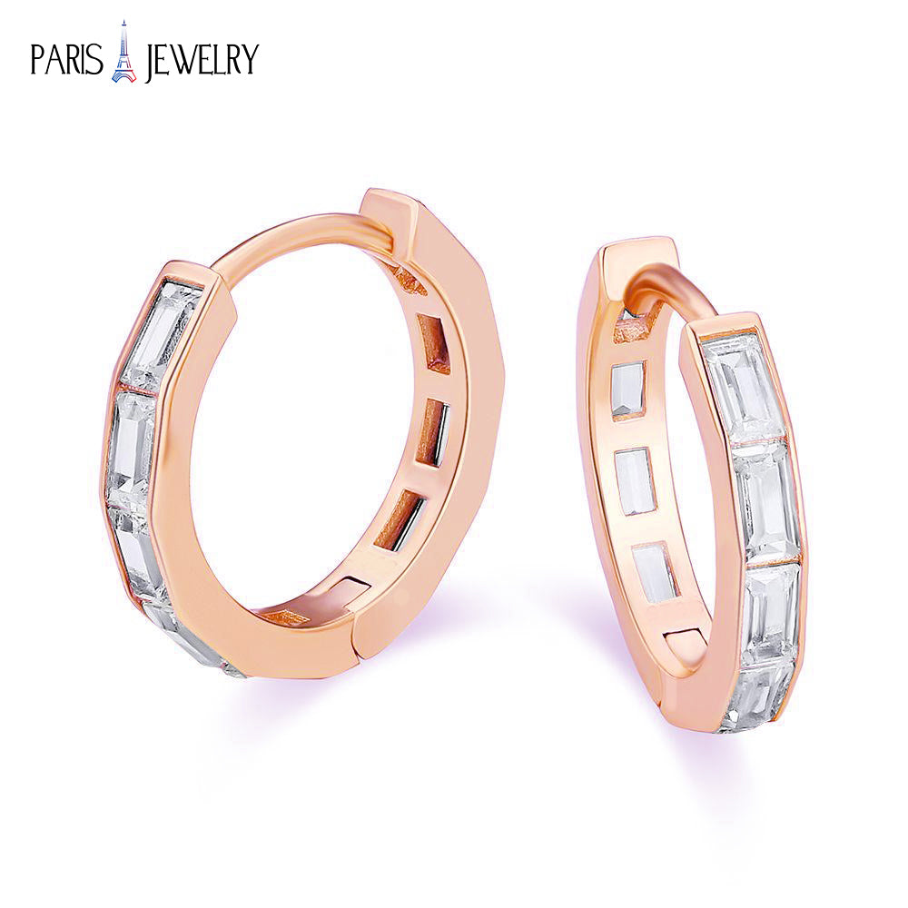 Paris Jewelry 18K Rose Gold Created White Sapphire 3Ct Emerald Cut Huggie Hoop Earrings Plated