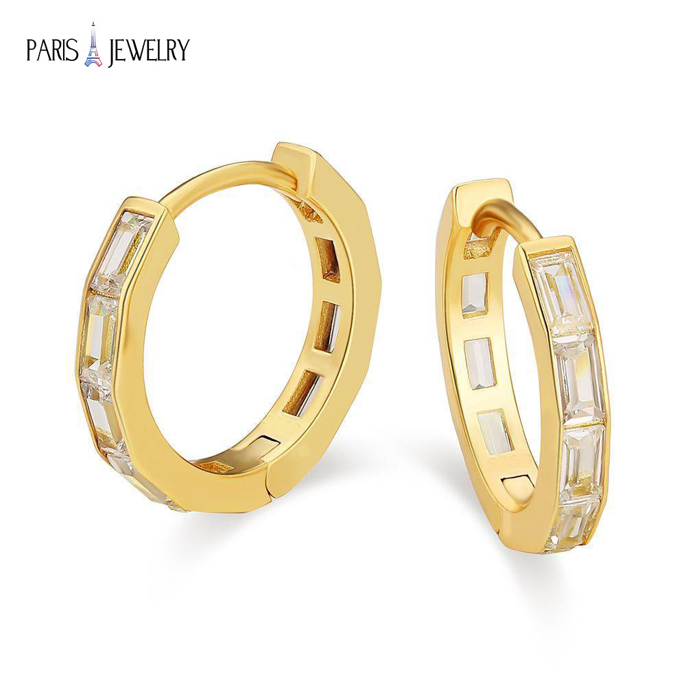 Paris Jewelry 18K Yellow Gold Created White Sapphire 3Ct Emerald Cut Huggie Hoop Earrings Plated