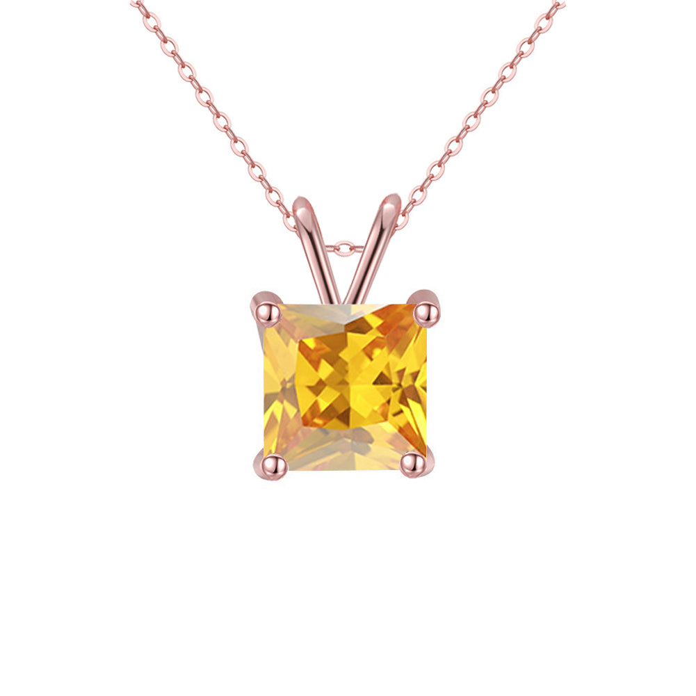 18K Rose Gold 2 Carat Created Yellow Sapphire Princess Stud Necklace Plated 18 inch