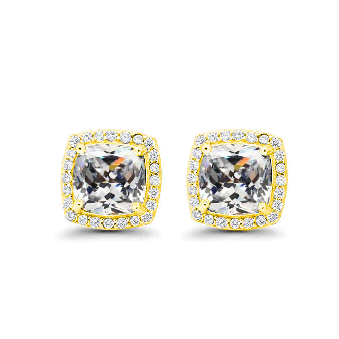 18k Yellow Gold Plated 1/4 Ct Created Halo Princess Cut White Sapphire Stud Earrings 4mm