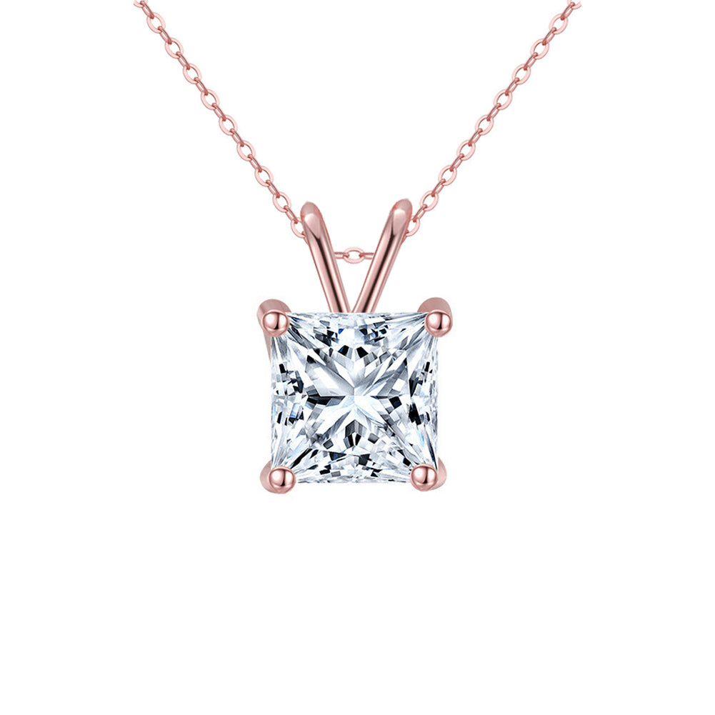 18K Rose Gold 2 Carat Created White Sapphire Princess Stud Necklace Plated 18 inch