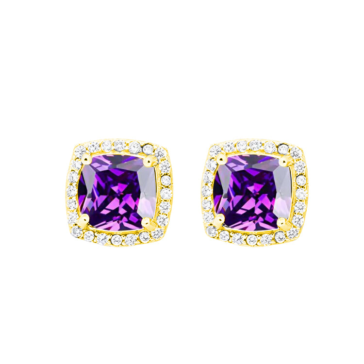 18k Yellow Gold Plated 1/4 Ct Created Halo Princess Cut Amethyst Stud Earrings 4mm
