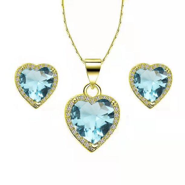24k Yellow Gold Heart 4 Ct Created Aquamarine CZ Full Set Necklace 18 inch Plated