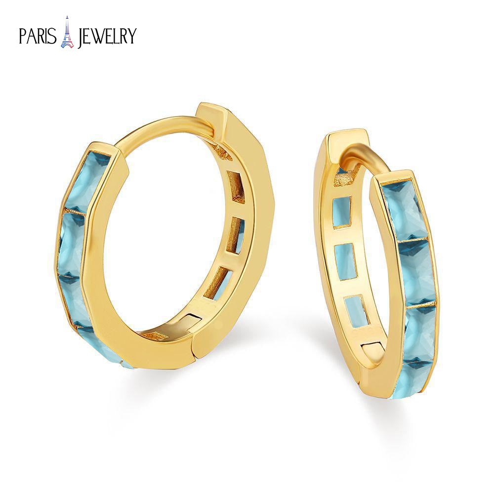 Paris Jewelry 18K Yellow Gold Created Aqua 3Ct Emerald Cut Huggie Hoop Earrings Plated