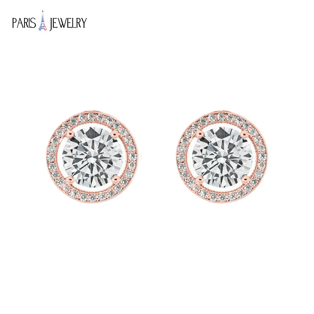 Paris Jewelry 18K Rose Gold Created White Sapphire 4Ct Halo Round Stud Earrings Plated