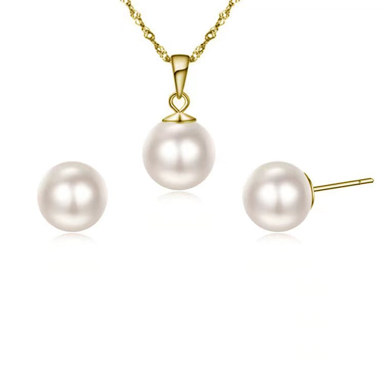 18K Yellow Gold White Pearl 3 Ct Stud Necklace And Earrings Set Plated