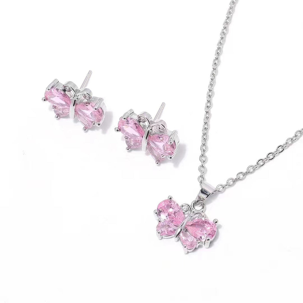 18K White Gold Created Pink Sapphire Butterflies Necklace and Earrings Set Plated