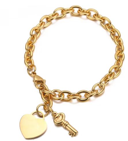 Paris Jewelry 18k Yellow Gold Shiny Heart & Key Charm Toggle Bracelet Plated