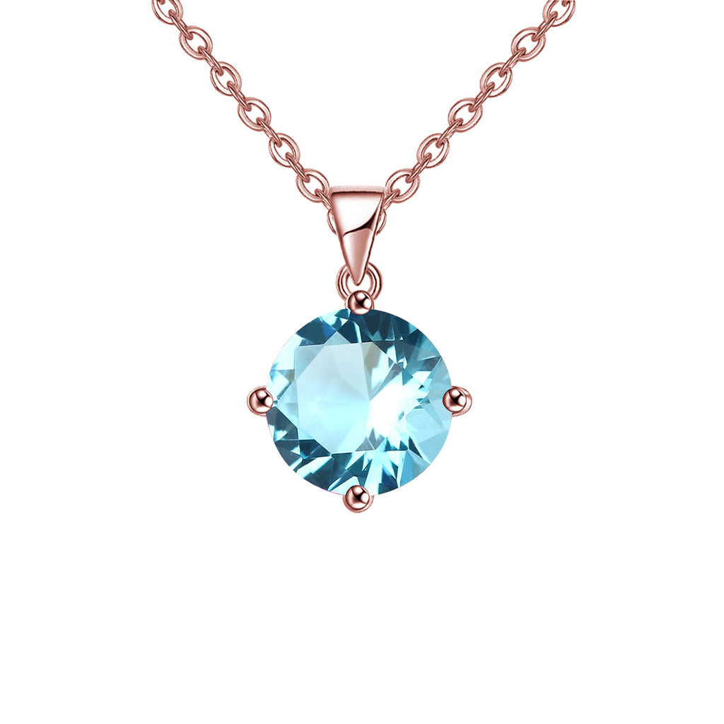 18K Rose Gold 2 Carat Created Aquamarine Round Stud Necklace Plated 18 inch