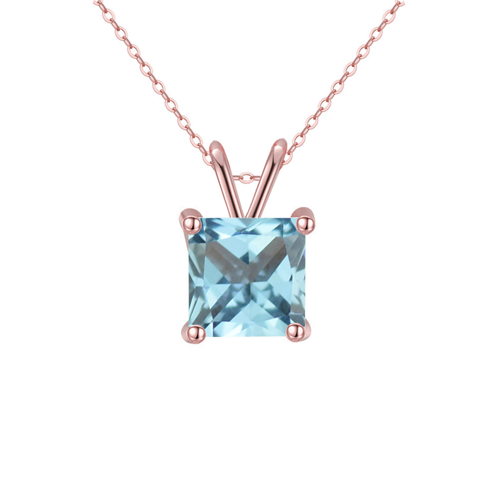 18K Rose Gold 2 Carat Created Aquamarine Princess Stud Necklace Plated 18 inch