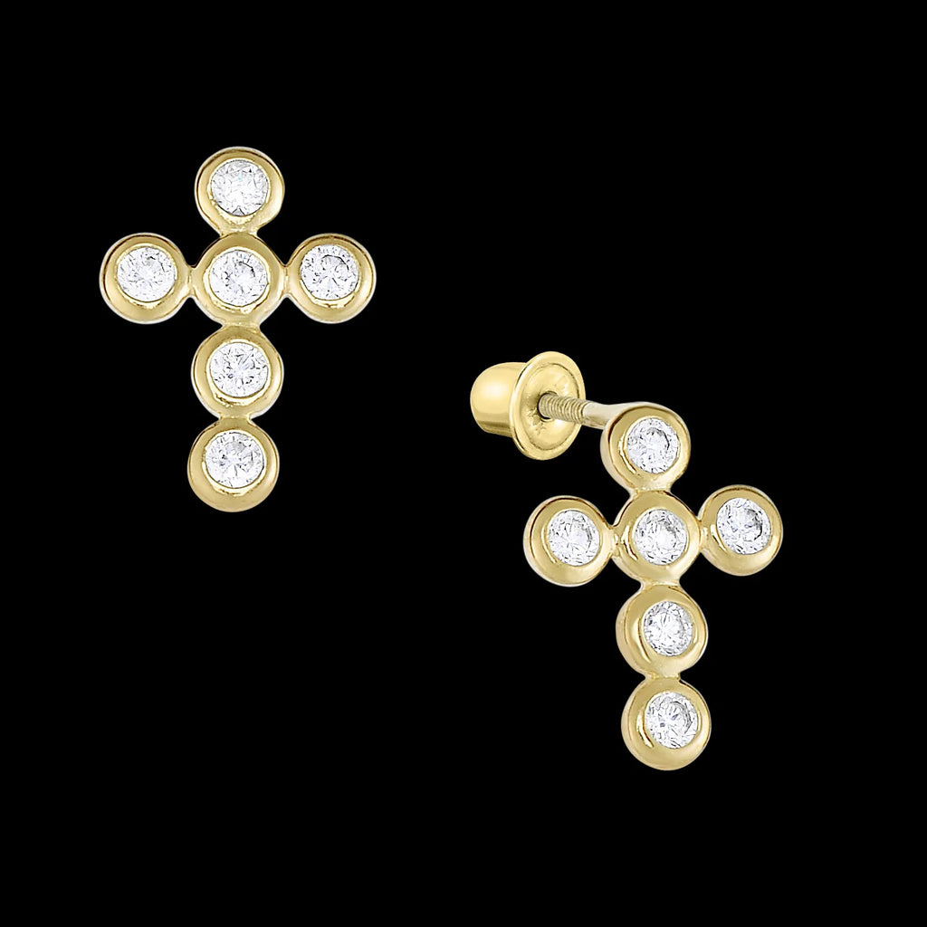 14k Yellow Gold CZ Cross Stud Earrings