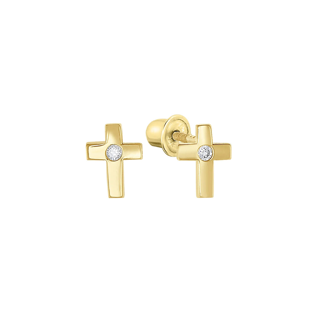 14k Gold CZ Cross Stud Earrings