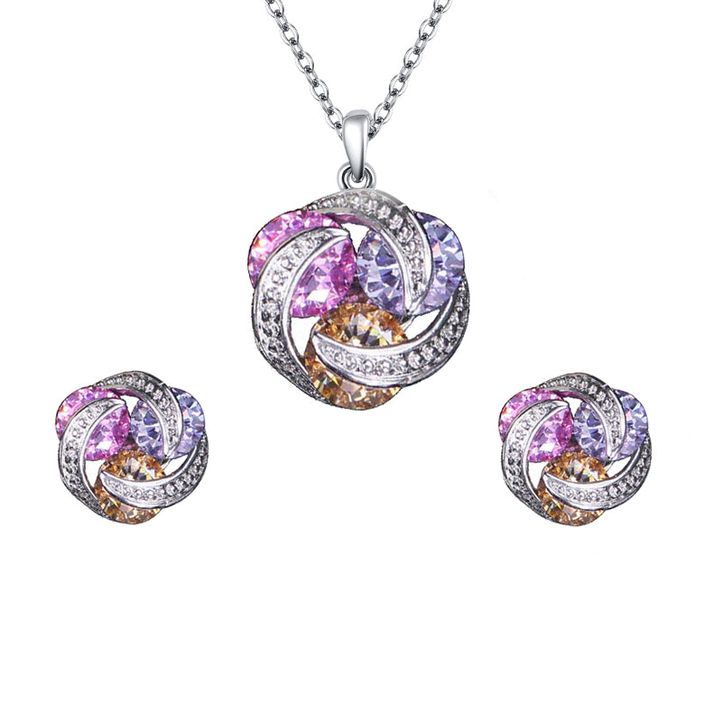 18K White Gold Multicolor Created Amethyst, Pink, Champagne and White Sapphire Necklace and Earrings set Plated