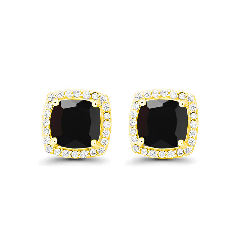 18k Yellow Gold Plated 1/4 Ct Created Halo Princess Cut Black Sapphire Stud Earrings 4mm