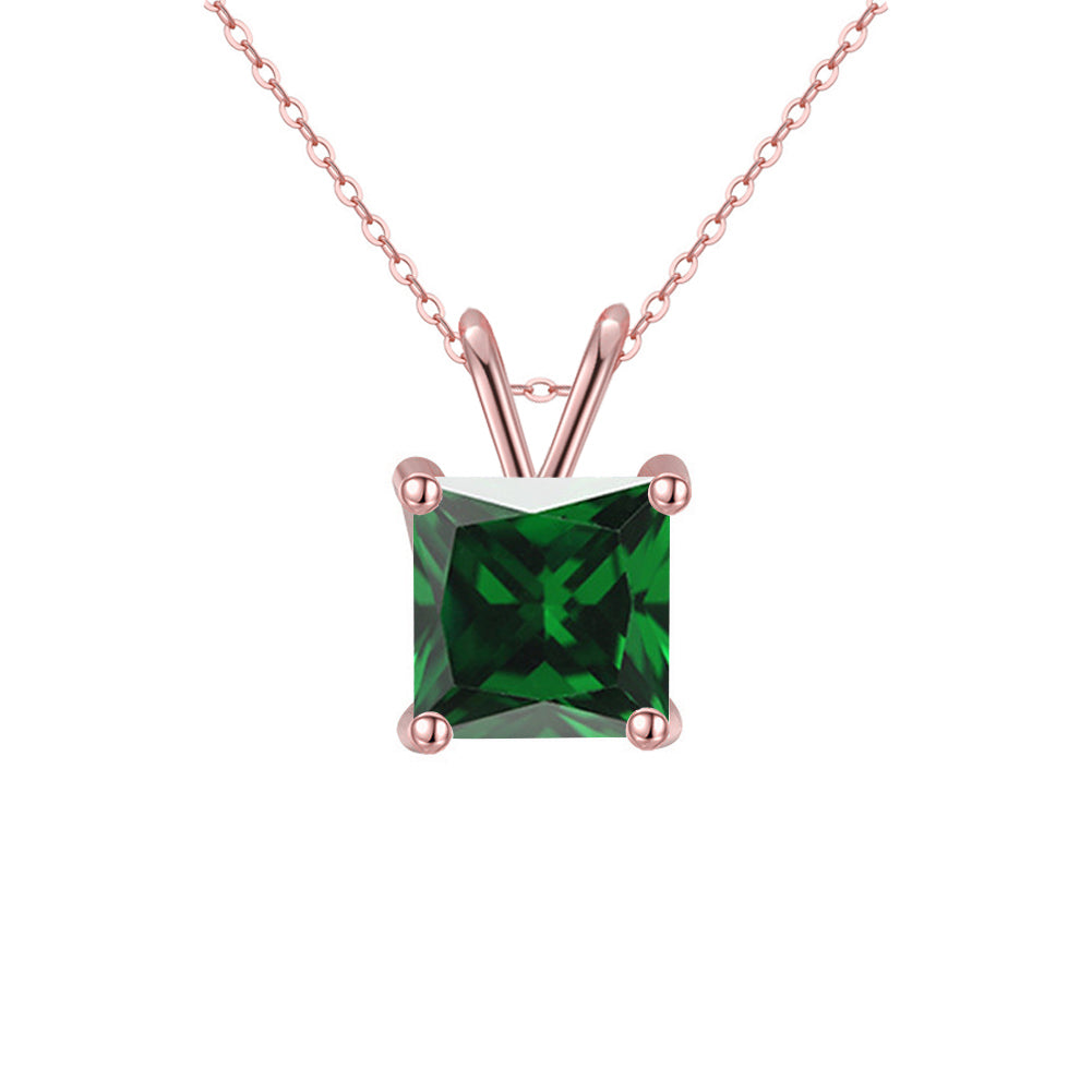 18K Rose Gold Princess Emerald Created Sapphire 2CT CZ Necklace 18 inch Plated